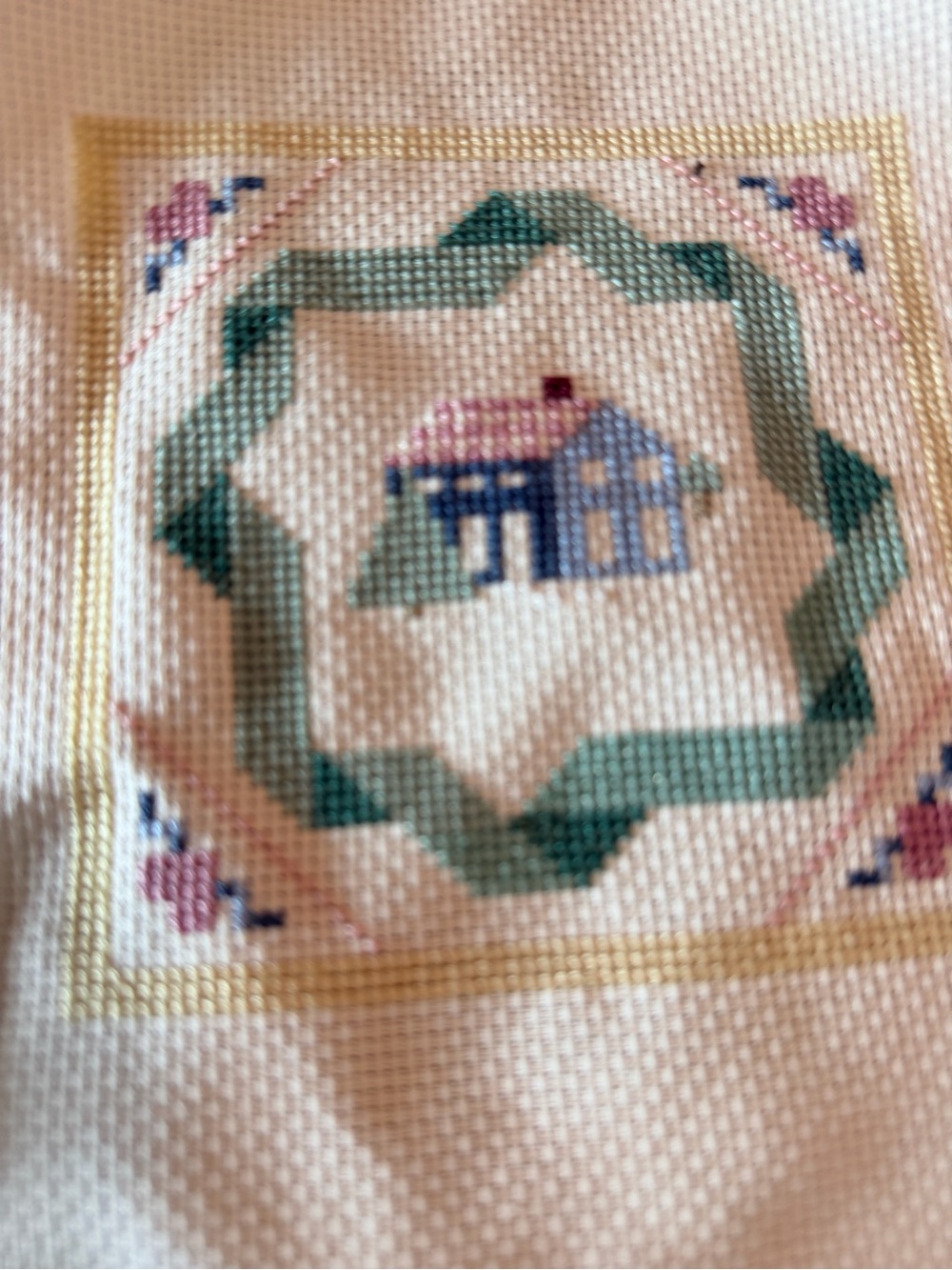 Handmade Cross Stitch Home Motif in Green and Pink